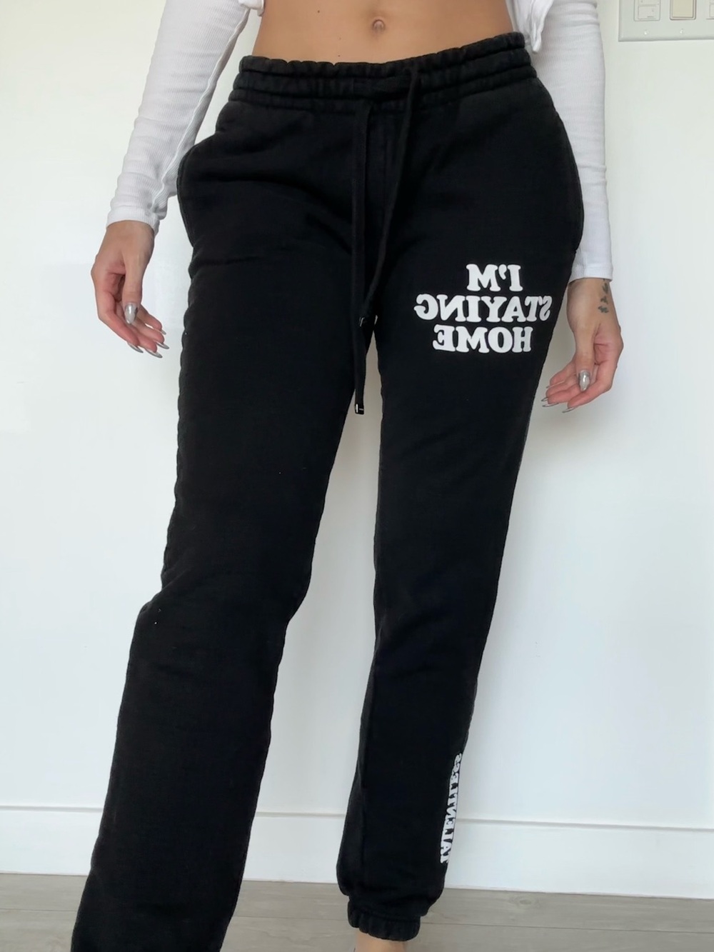TALENTLESS Black Sweatpants with White 'I'M STAYING HOME' Graphic 100% cotton